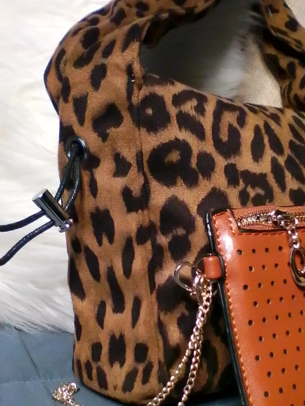 Leopard Print Shoulder Bag with Tan Perforated Wristlet